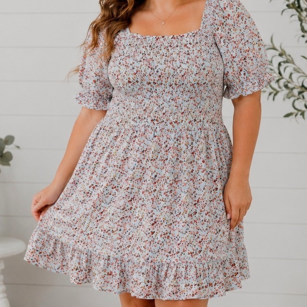 AUW Floral Babydoll Mini Dress Puff Sleeve Pastel Cottagecore Boho Smocked 1X